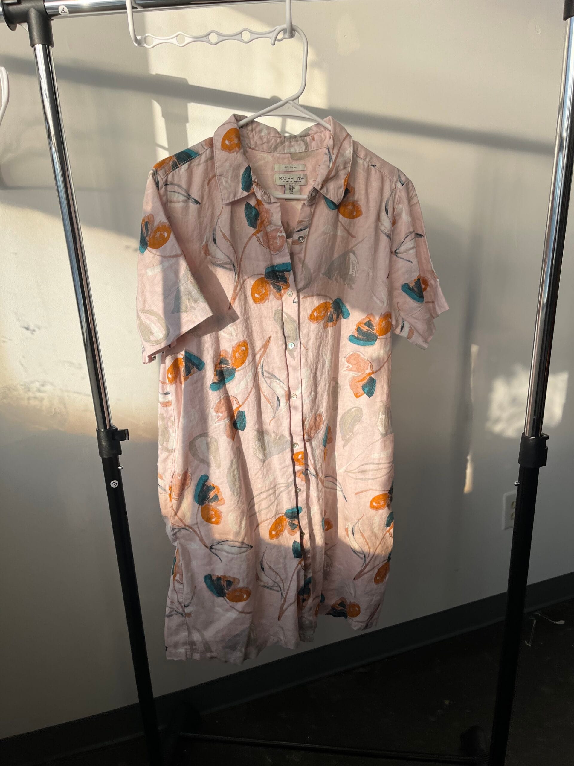 Rachel Zoe 100% Linen Floral Collared Shirt Dress – Pink – L